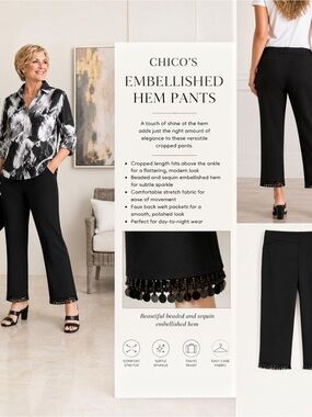 Chico's Black Cropped Pants with Beaded & Sequin Hem